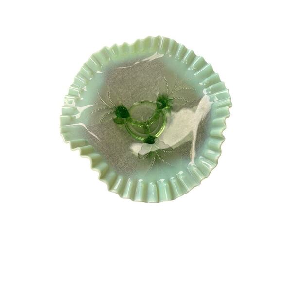 Vintage Green Opalescent Pressed Glass 3 Footed Ruffled Design Candy Dish 8 1/2" - Picture 7 of 9